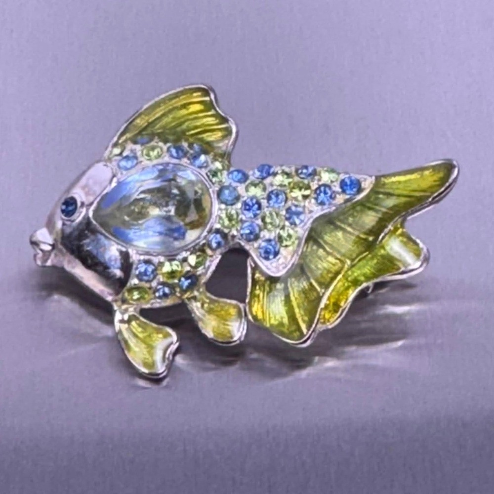 Monet Fish Brooch Silver Tone Blue Green Rhinestone Enamel Crystal Pin